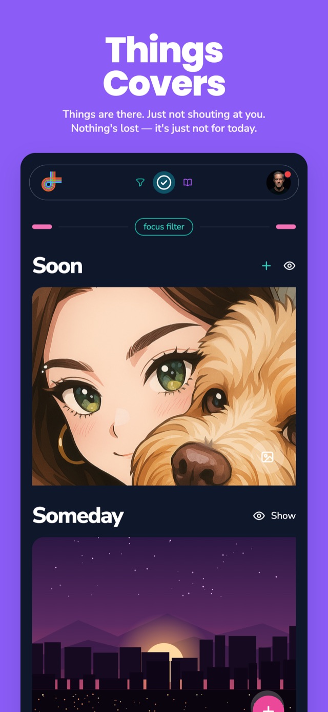 App Store screenshot: Section covers over the Soon and Someday lists