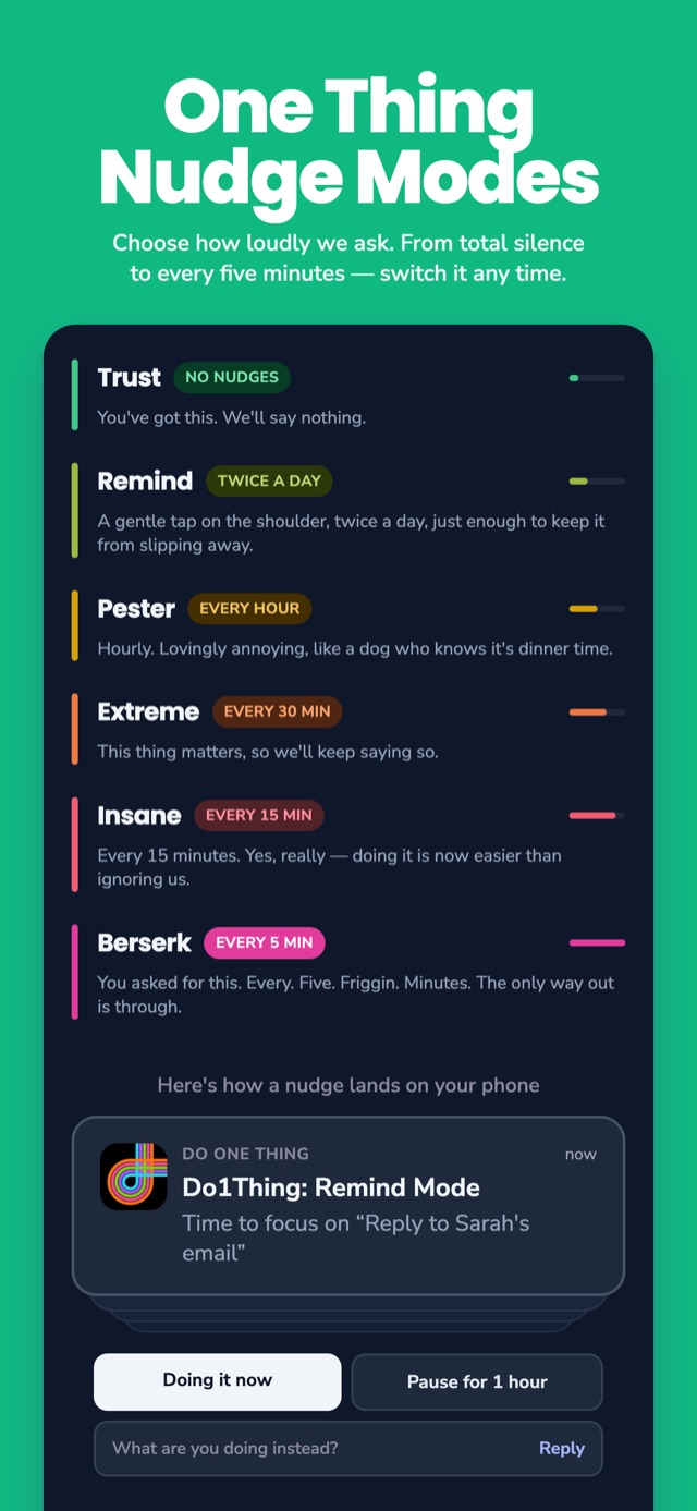 App Store screenshot: Nudge modes, from Trust to Berserk