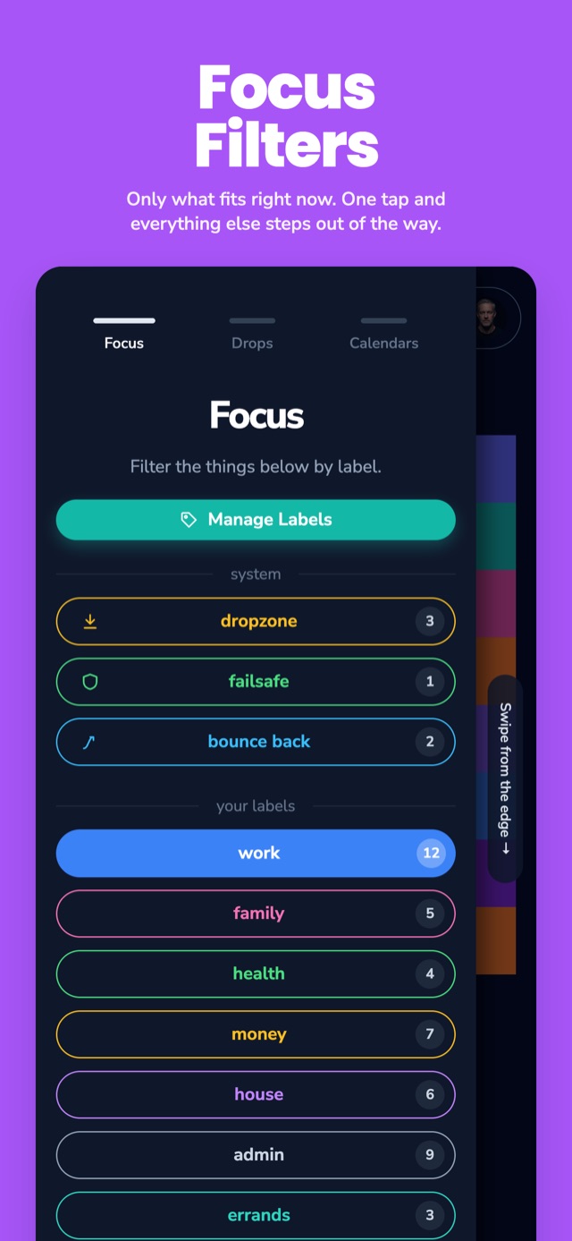 App Store screenshot: Focus label filters
