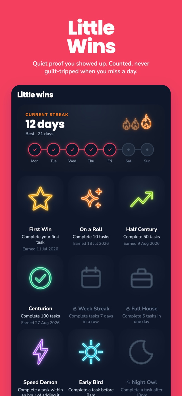 App Store screenshot: Little wins: badges and the current streak