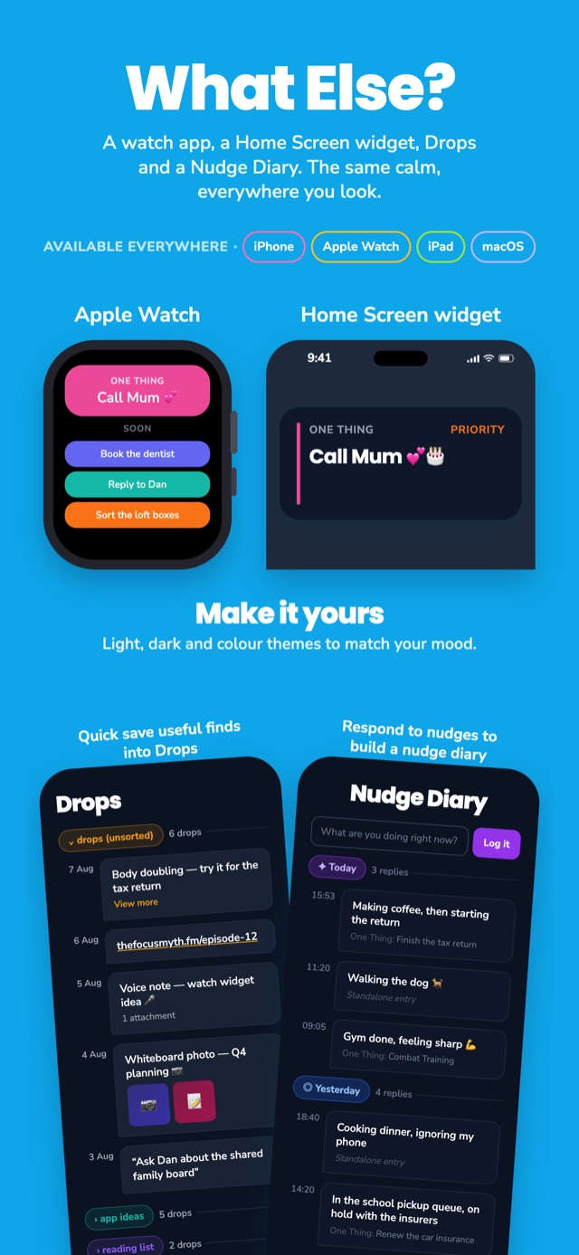 App Store screenshot: What else: the Apple Watch app, a Home Screen widget, Drops and the Nudge Diary