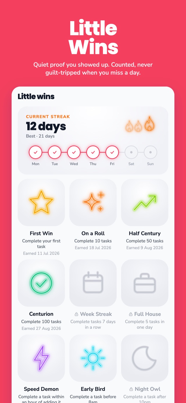 The Little Wins screen in Do1Thing, showing badges and a streak