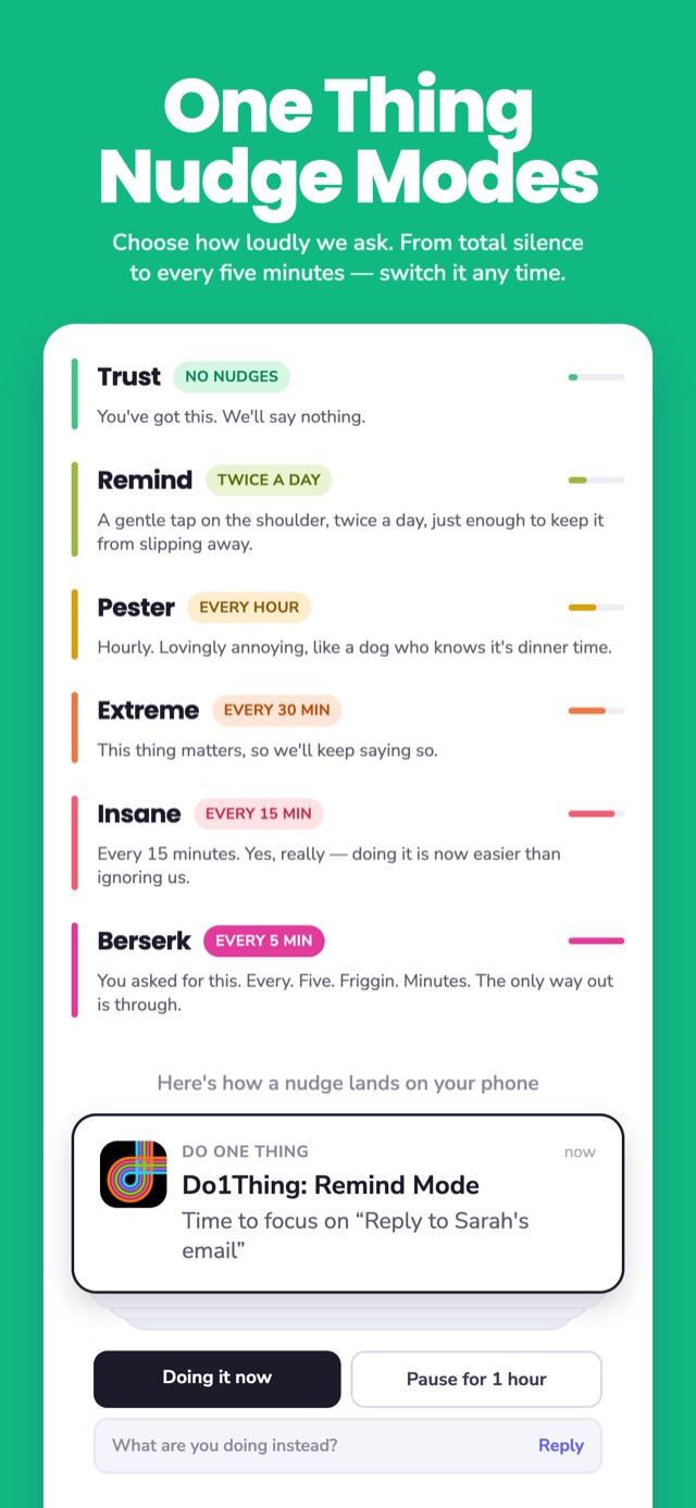 The Nudge Modes screen in Do1Thing, listing Trust, Remind, Pester, Extreme, Insane and Berserk