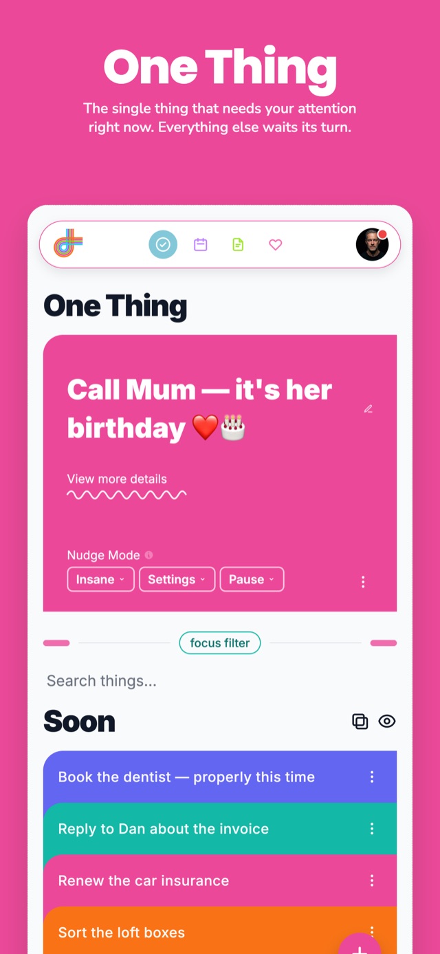 The One Thing screen in Do1Thing, showing a single pink card that says Call Mum, it's her birthday