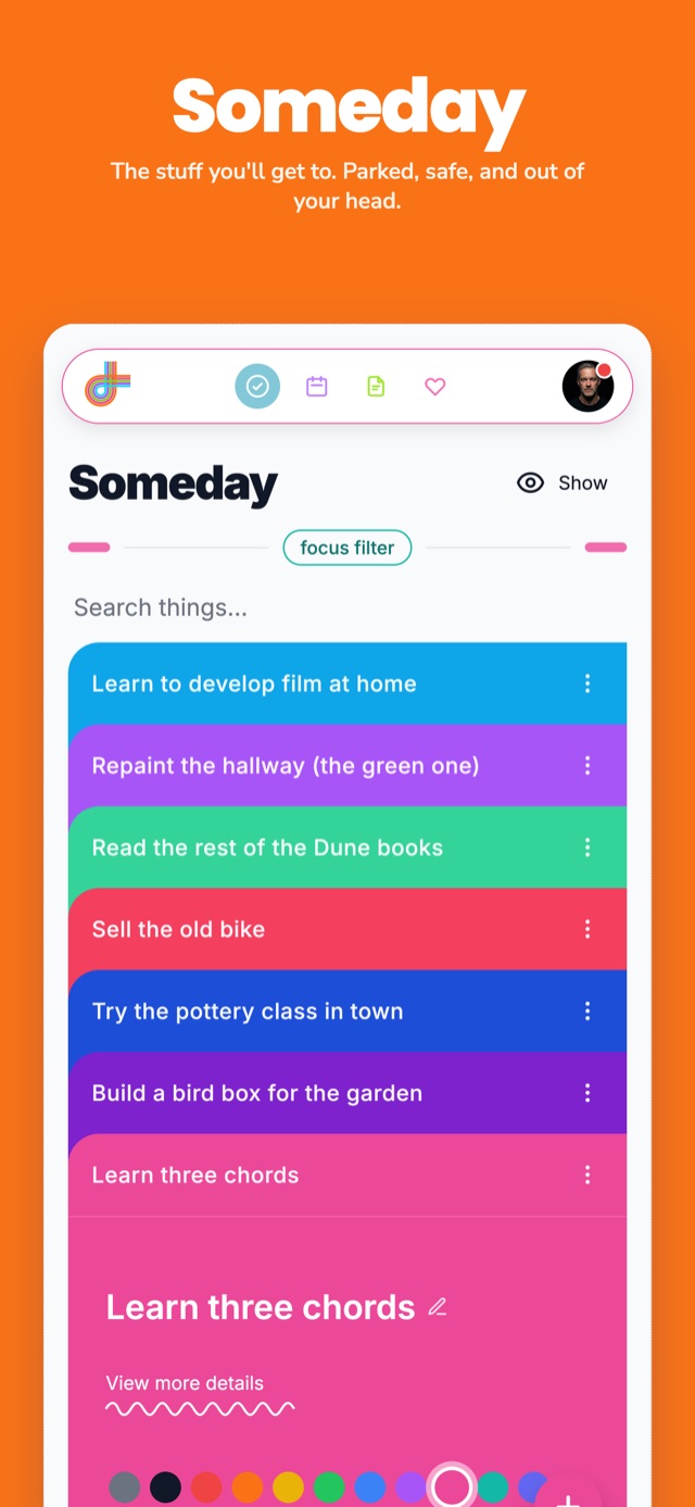 The Someday list in Do1Thing, holding things parked for later