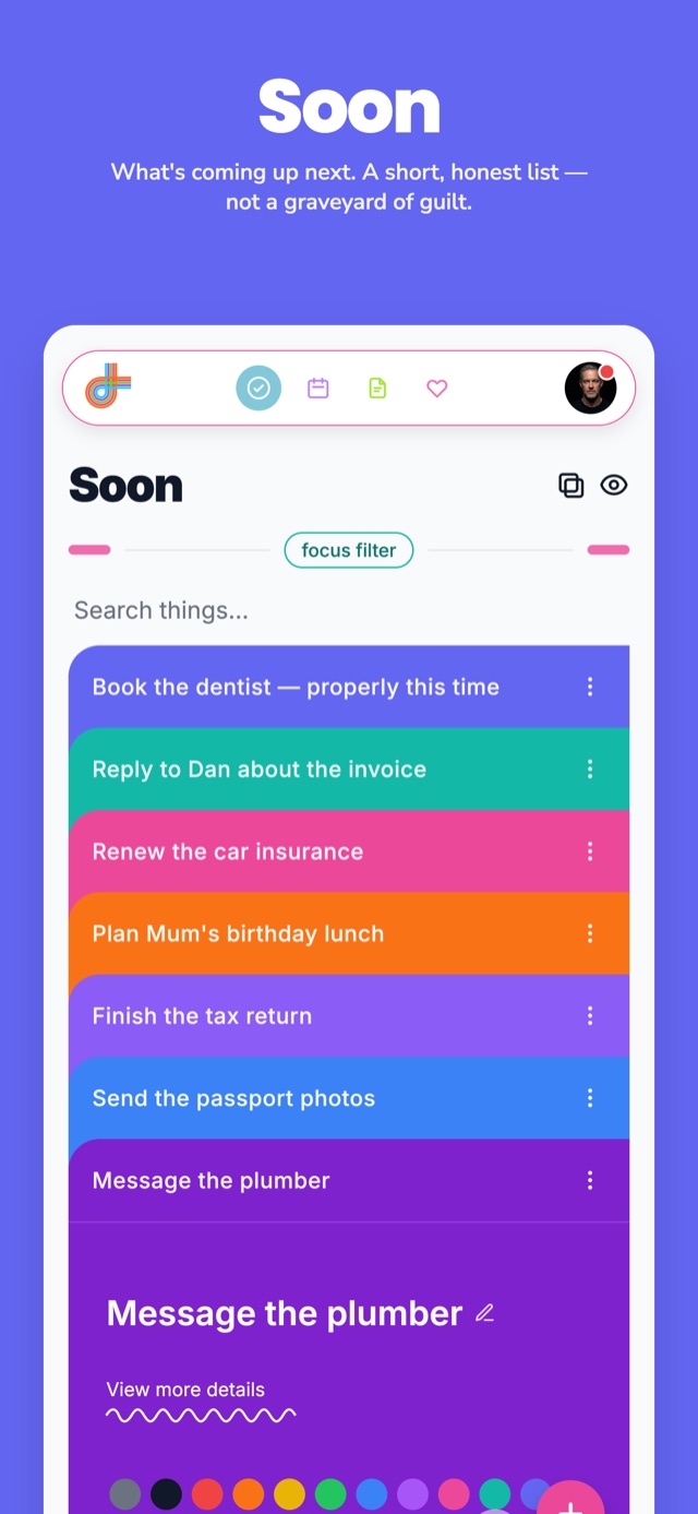 The Soon list in Do1Thing, a short list of colourful cards