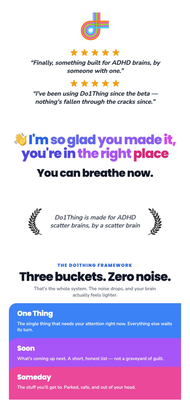 The Do1Thing welcome screen with two five-star reviews and the three buckets