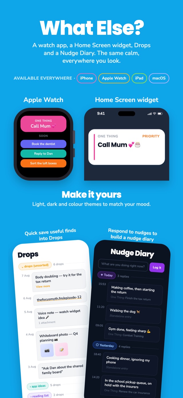 Do1Thing on Apple Watch, a Home Screen widget, Drops and the Nudge Diary